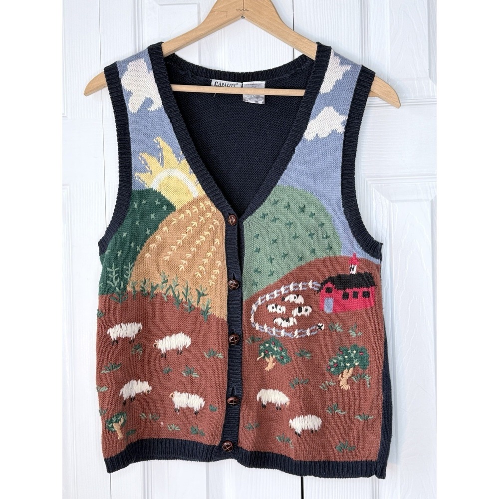 Vintage Capacity Women's Size Small Knit Sweater Vest Button‎ Up Farm Sheep Fall